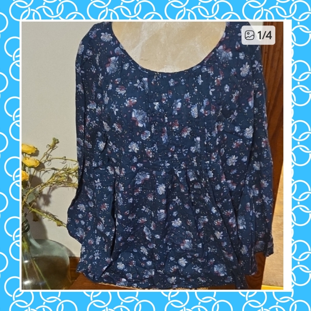 J. Jill Navy Floral Blouse Size Large Tall
